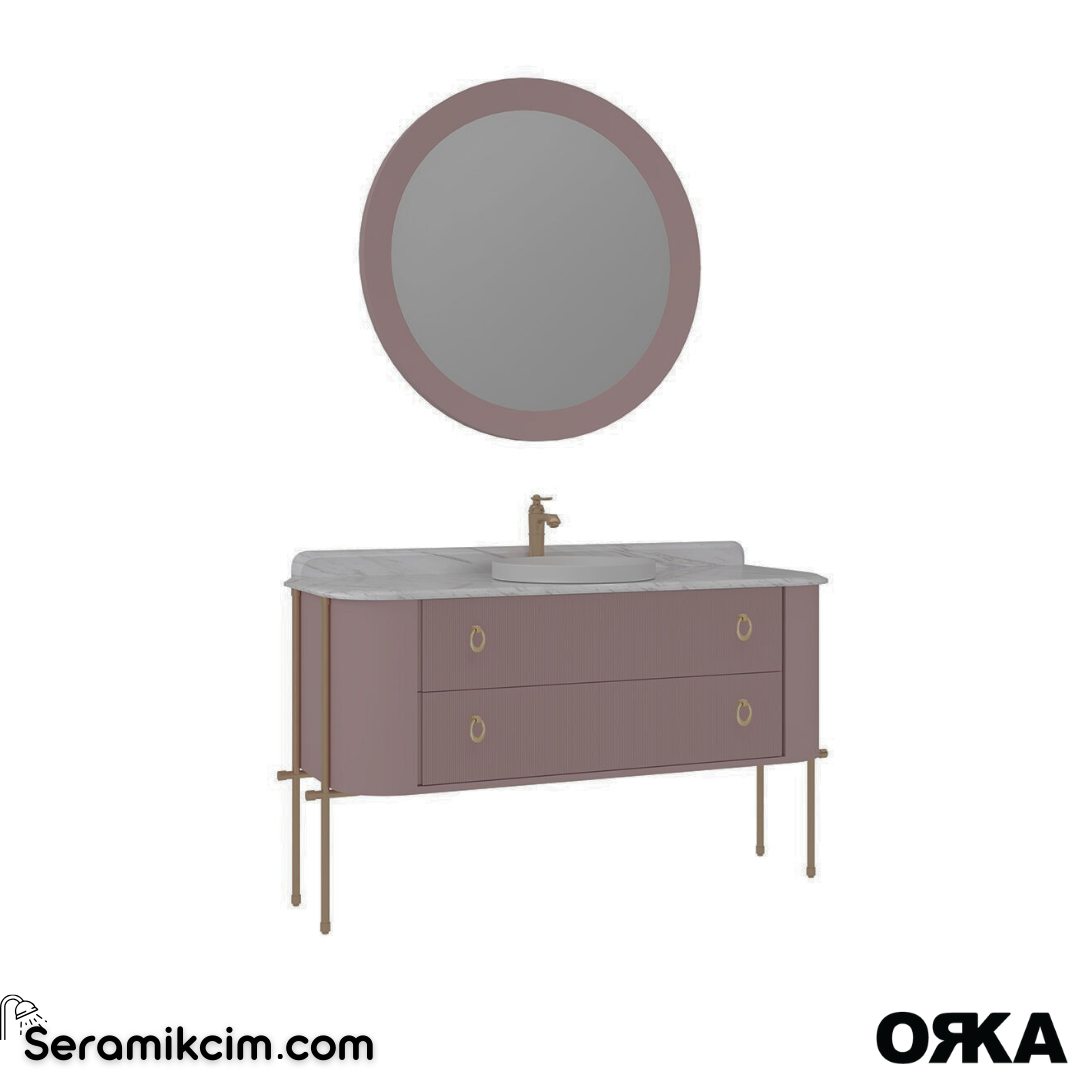 Orka Felice 147cm Banyo Dolabı Set (Altın Detay) Metal Ayaklı Mat Pudra