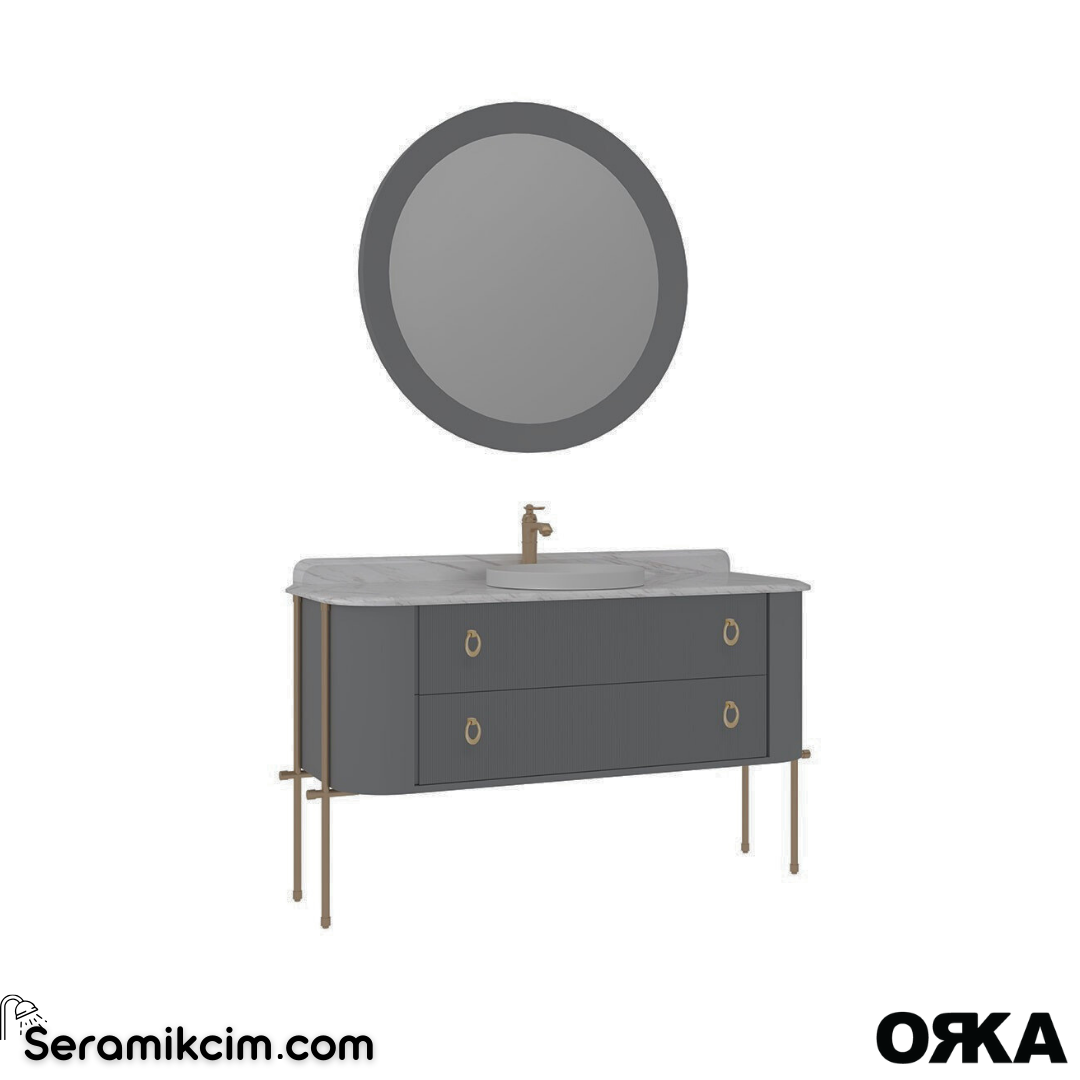 Orka Felice 147cm Banyo Dolabı Set (Altın Detay) Metal Ayaklı Mat Gri