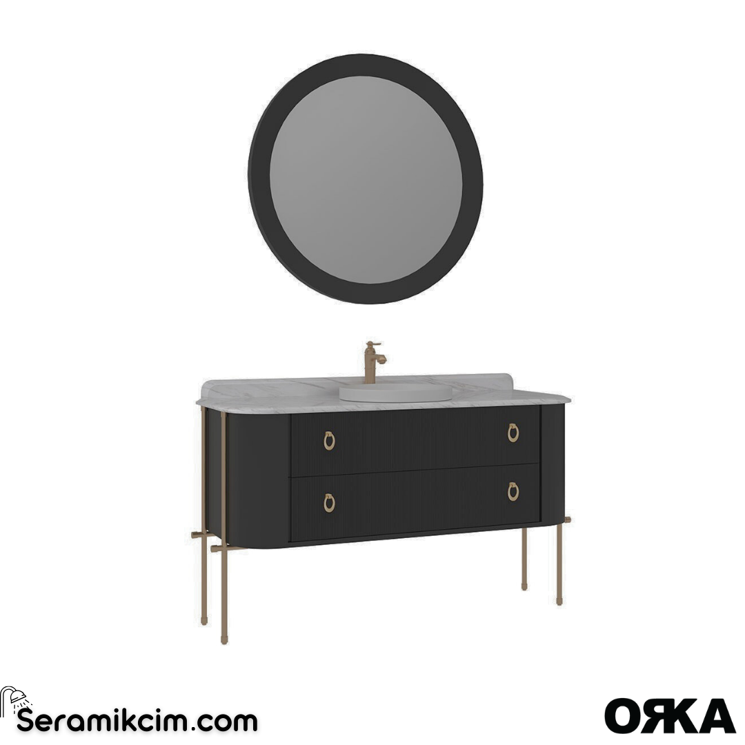Orka Felice 147cm Banyo Dolabı Set (Altın Detay) Metal Ayaklı Mat Siyah