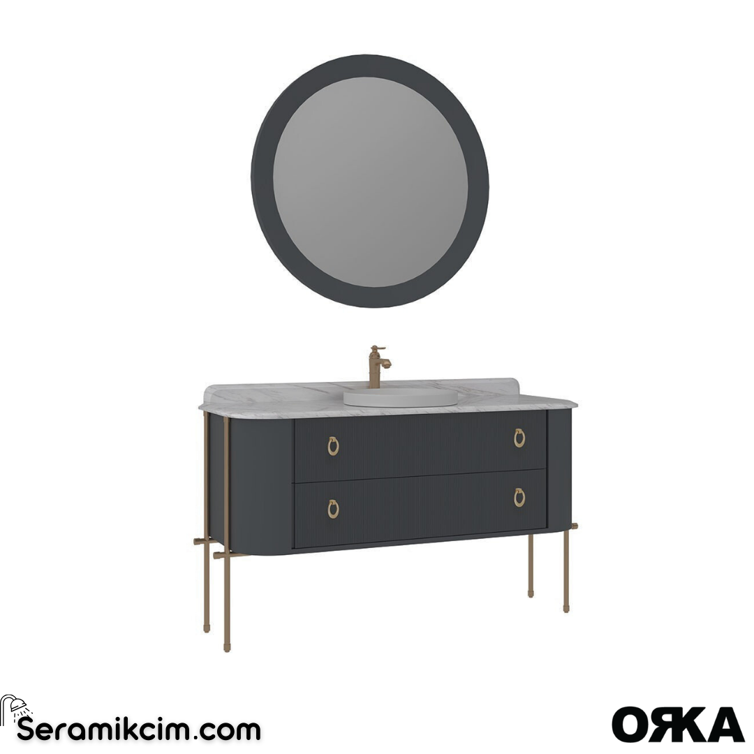 Orka Felice 147cm Banyo Dolabı Set (Altın Detay) Metal Ayaklı Mat Antrasit
