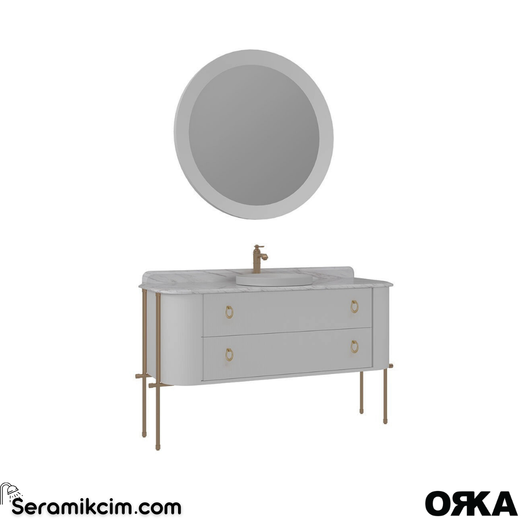 Orka Felice 147cm Banyo Dolabı Set (Altın Detay) Metal Ayaklı Mat Beyaz