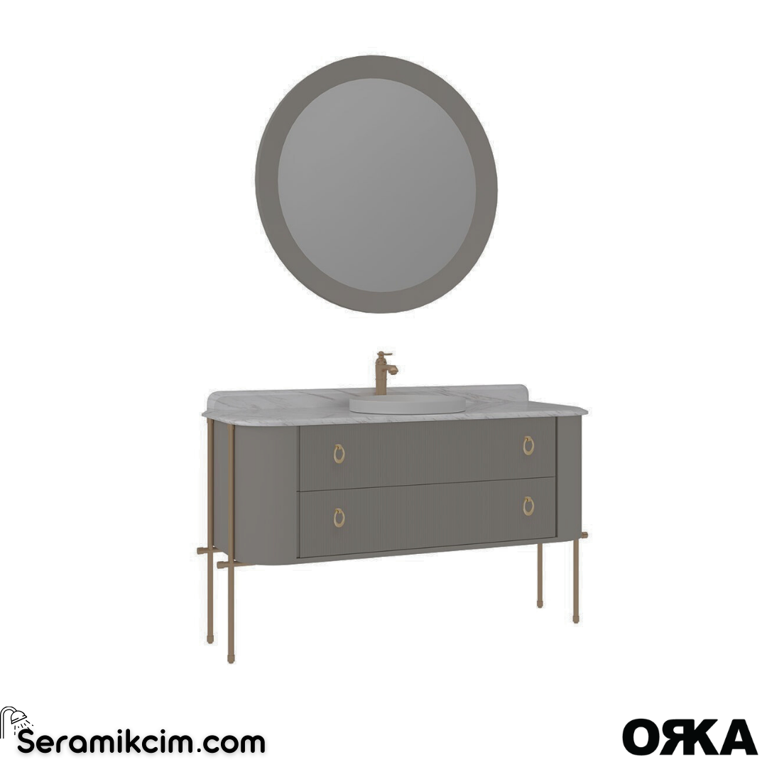 Orka Felice 147cm Banyo Dolabı Set (Altın Detay) Metal Ayaklı Mat Vizon