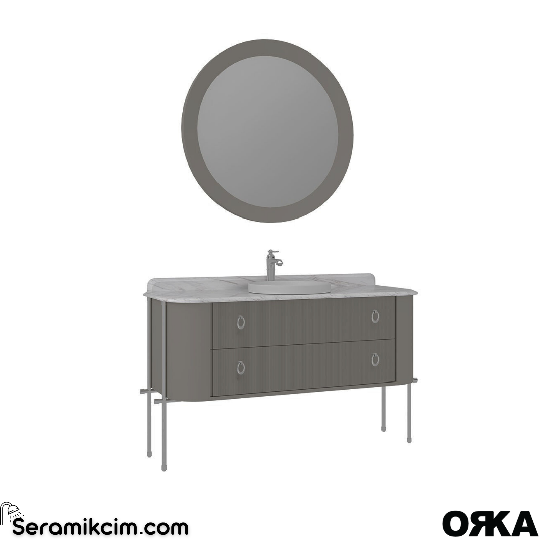 Orka Felice 147cm Banyo Dolabı Set (Krom Detay) Metal Ayaklı Mat Vizon