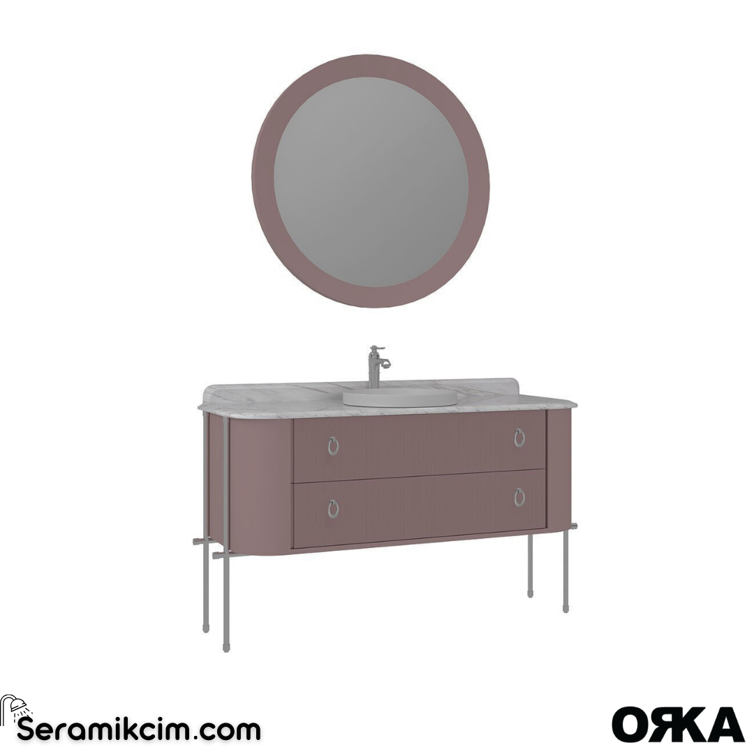 Orka Felice 147cm Banyo Dolabı Set (Krom Detay) Metal Ayaklı Mat Pudra