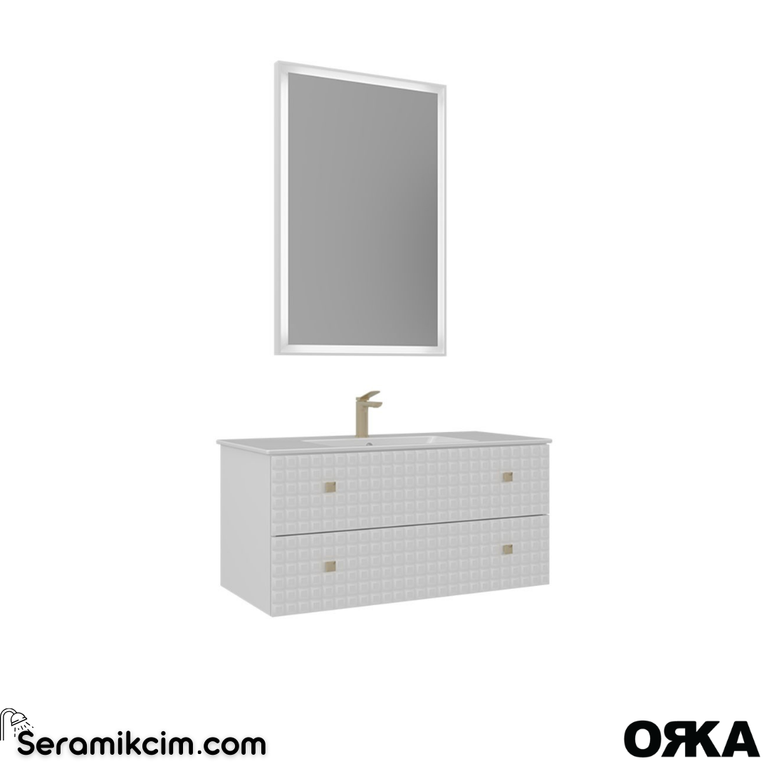 Orka Lipari 100cm Asma Banyo Dolabı Set (Altın Detaylı) Mat Beyaz