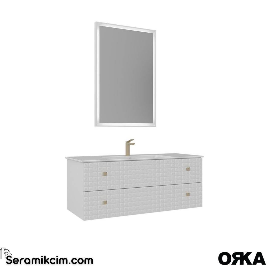 Orka Lipari 120cm Asma Banyo Dolabı Set (Altın Detaylı) Mat Beyaz