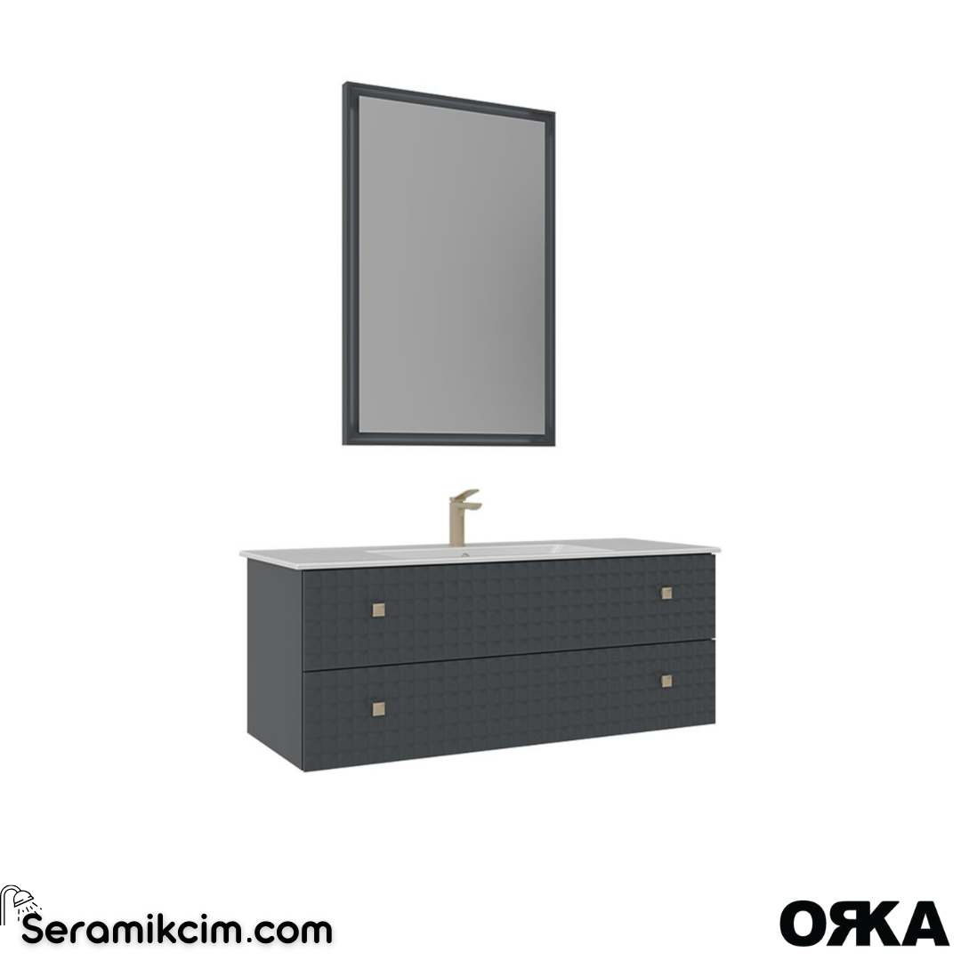 Orka Lipari 120cm Asma Banyo Dolabı Set (Altın Detaylı) Mat Antrasit