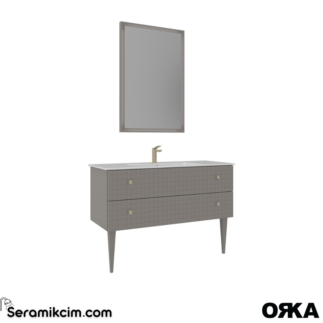 Orka Lipari 120cm Ayaklı Banyo Dolabı Set (Altın Detaylı) Mat Vizon