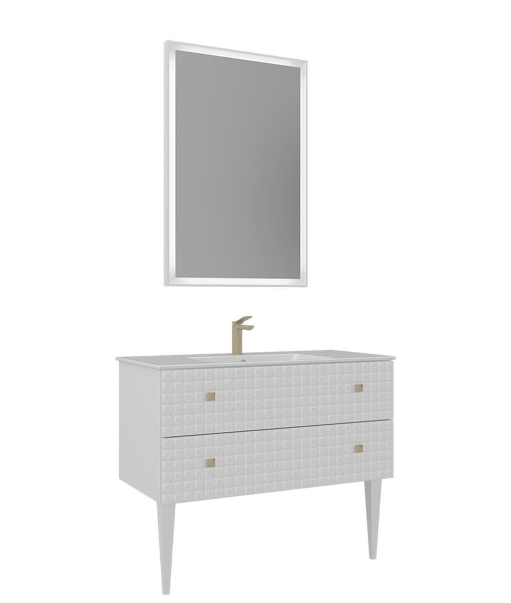 Orka Lipari 80cm Ayaklı Banyo Dolabı Set (Altın Detaylı) Mat Beyaz