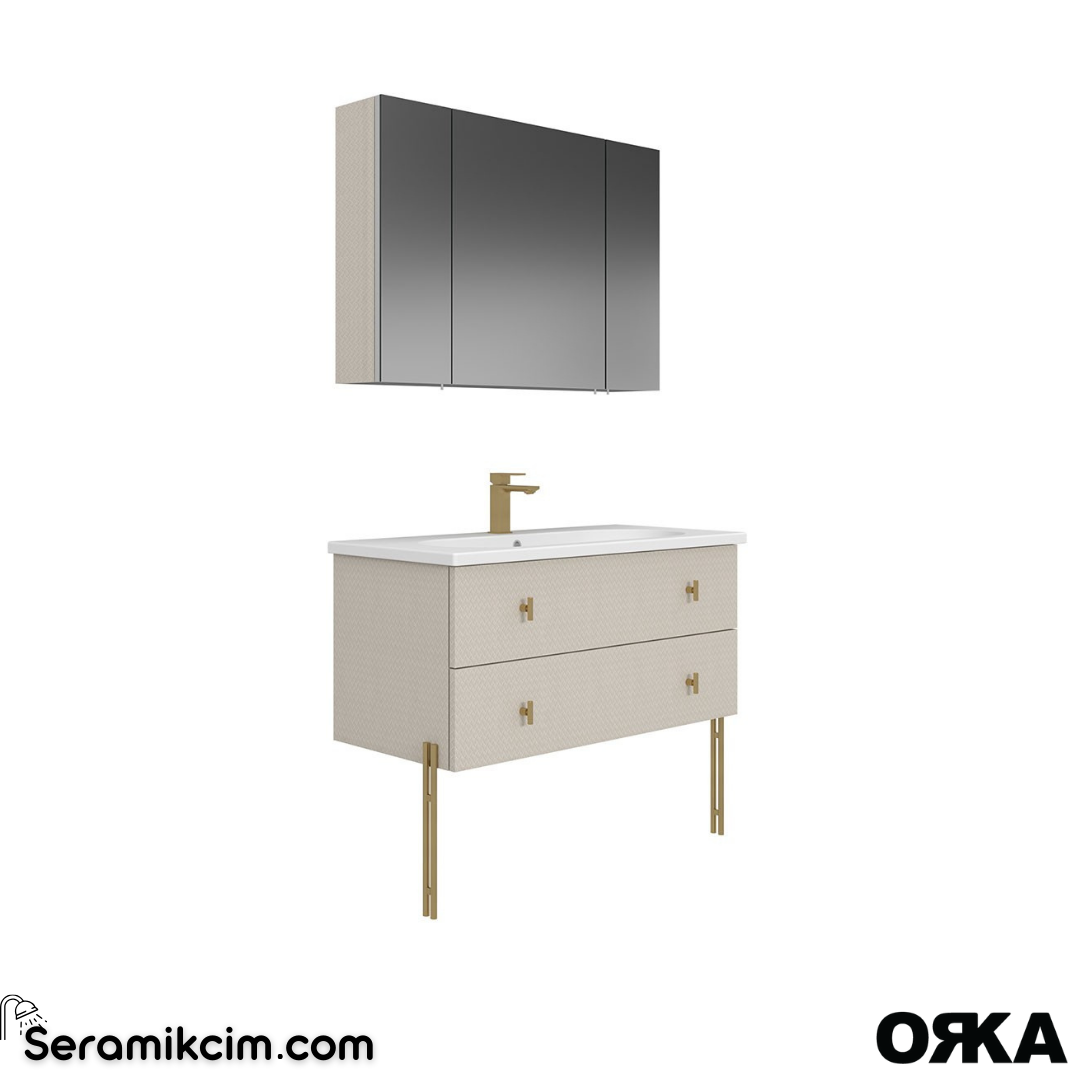 Orka Milazzo 100cm Dolaplı Ayna Ayaklı Banyo Dolabı Set Callisto Altın Detay