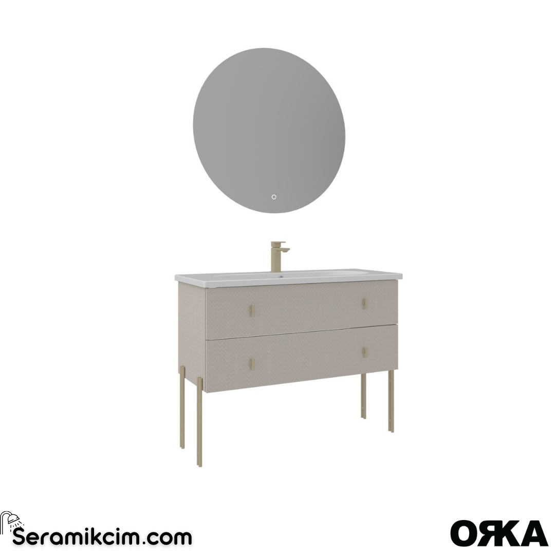 Orka Milazzo 100cm Ledli Ayna Ayaklı Banyo Dolabı Set Callisto Altın Detay