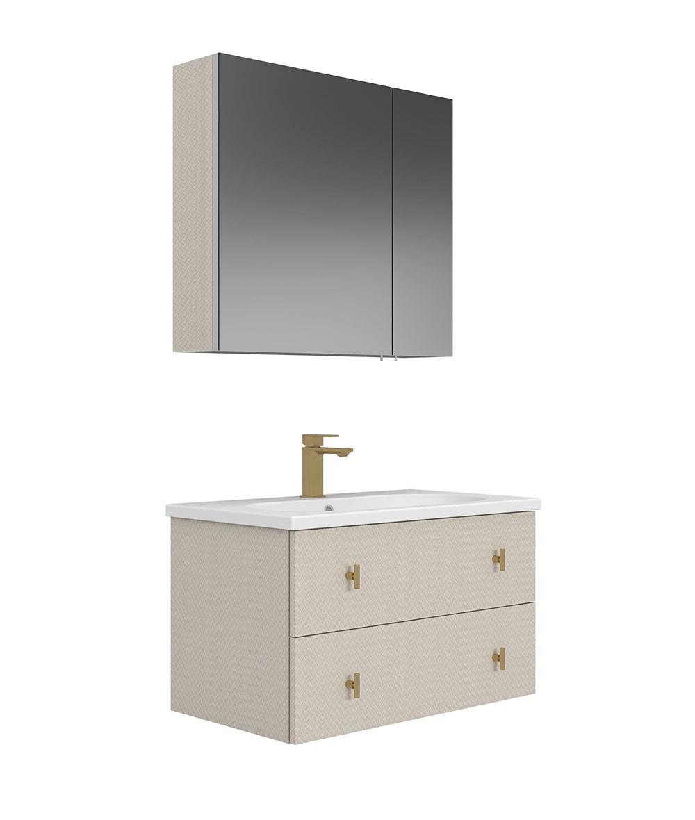 Orka Milazzo 80cm Dolaplı Ayna Asma Banyo Dolabı Set Callisto Altın Detay