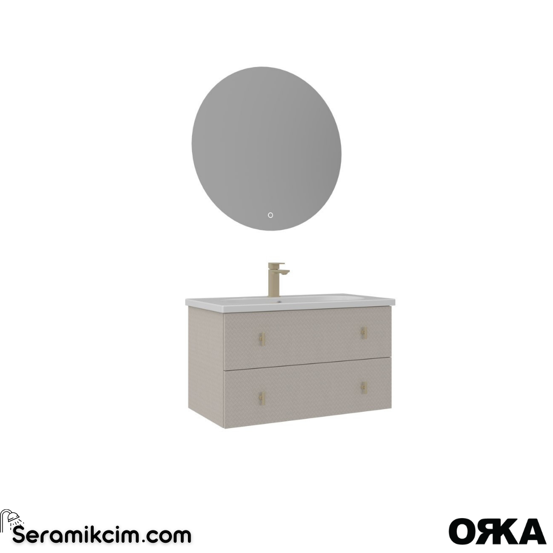 Orka Milazzo 80cm Ledli Ayna Asma Banyo Dolabı Set Callisto Altın Detay