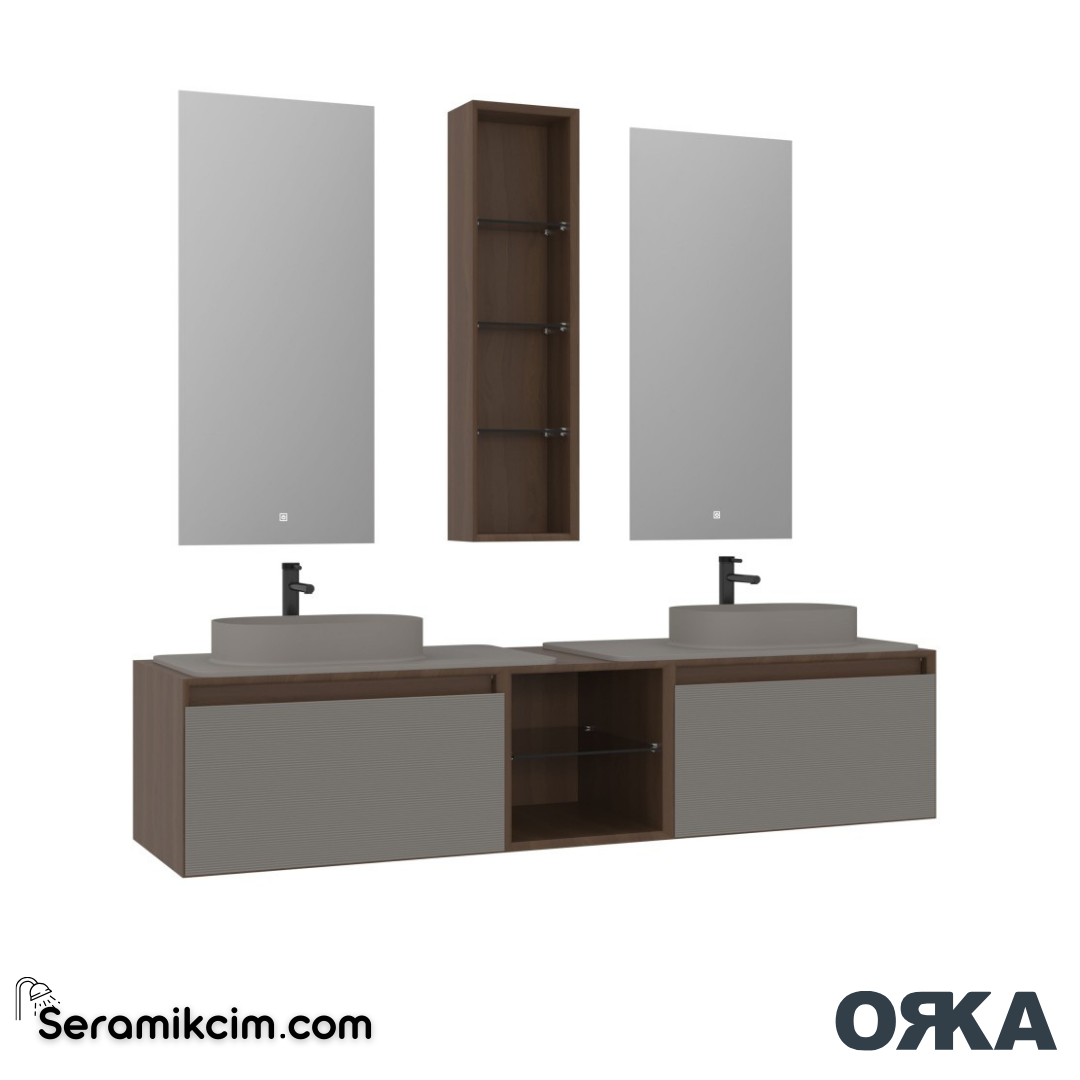 Orka Pacific 180cm Banyo Dolabı Set Mocha Meşe / Mat Vizon - ORK200.180.04.TKM