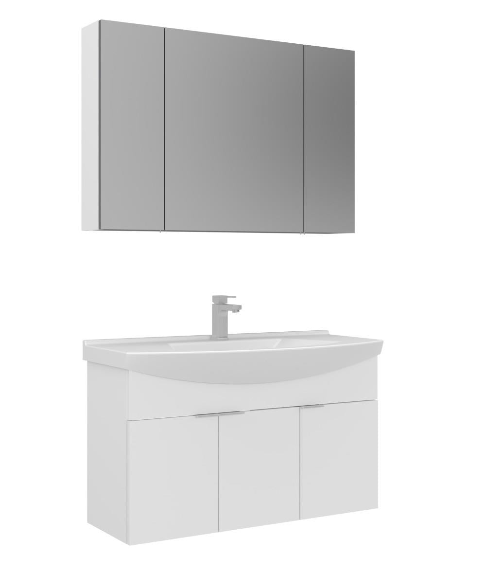 Orka Purus 100cm Asma Banyo Dolabı Set Kapaklı Dolaplı Ayna Parlak Beyaz