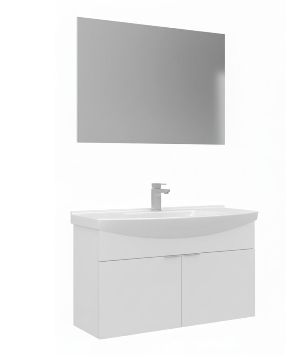 Orka Purus 100cm Ayaklı Banyo Dolabı Set Kapaklı Düz Aynalı Parlak Beyaz