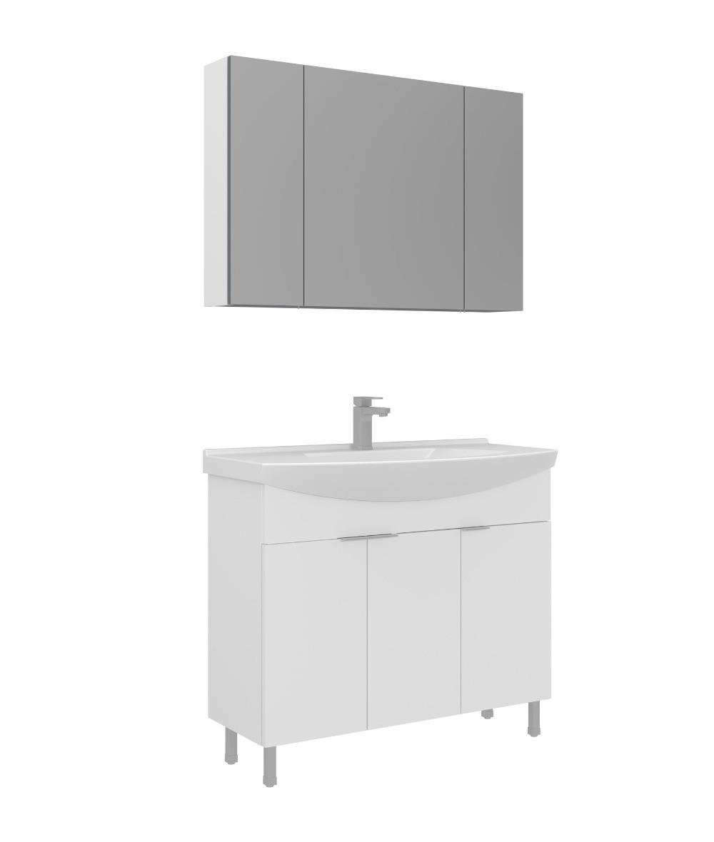 Orka Purus 100cm Ayaklı Banyo Dolabı Set Kapaklı Dolaplı Ayna Parlak Beyaz