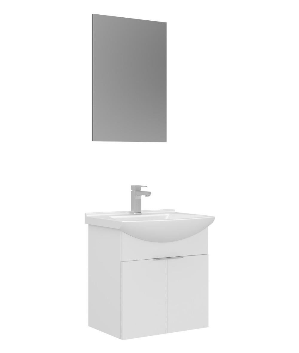 Orka Purus 55cm Asma Banyo Dolabı Set Kapaklı Düz Aynalı Parlak Beyaz