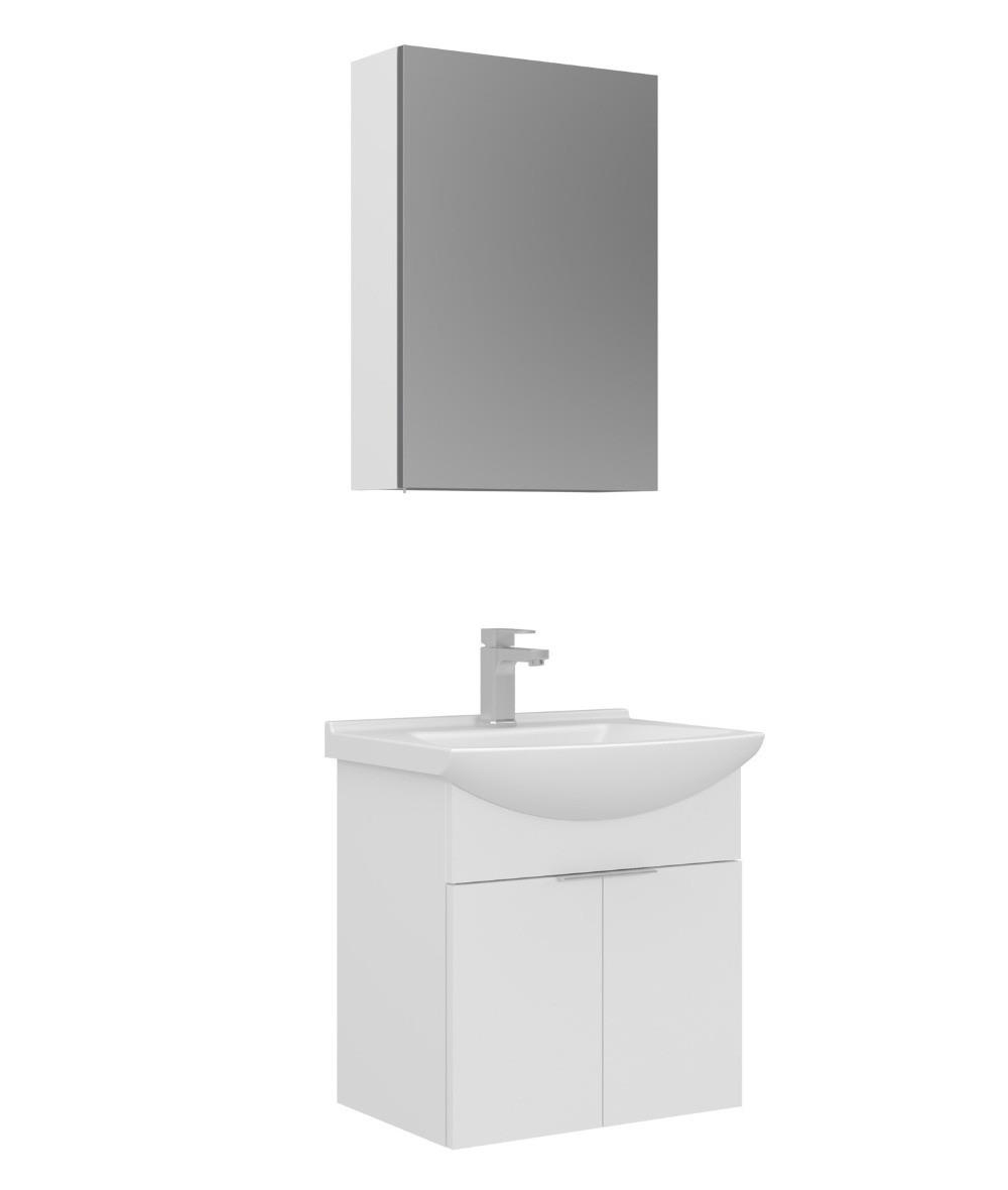 Orka Purus 55cm Asma Banyo Dolabı Set Kapaklı Dolaplı Ayna Parlak Beyaz