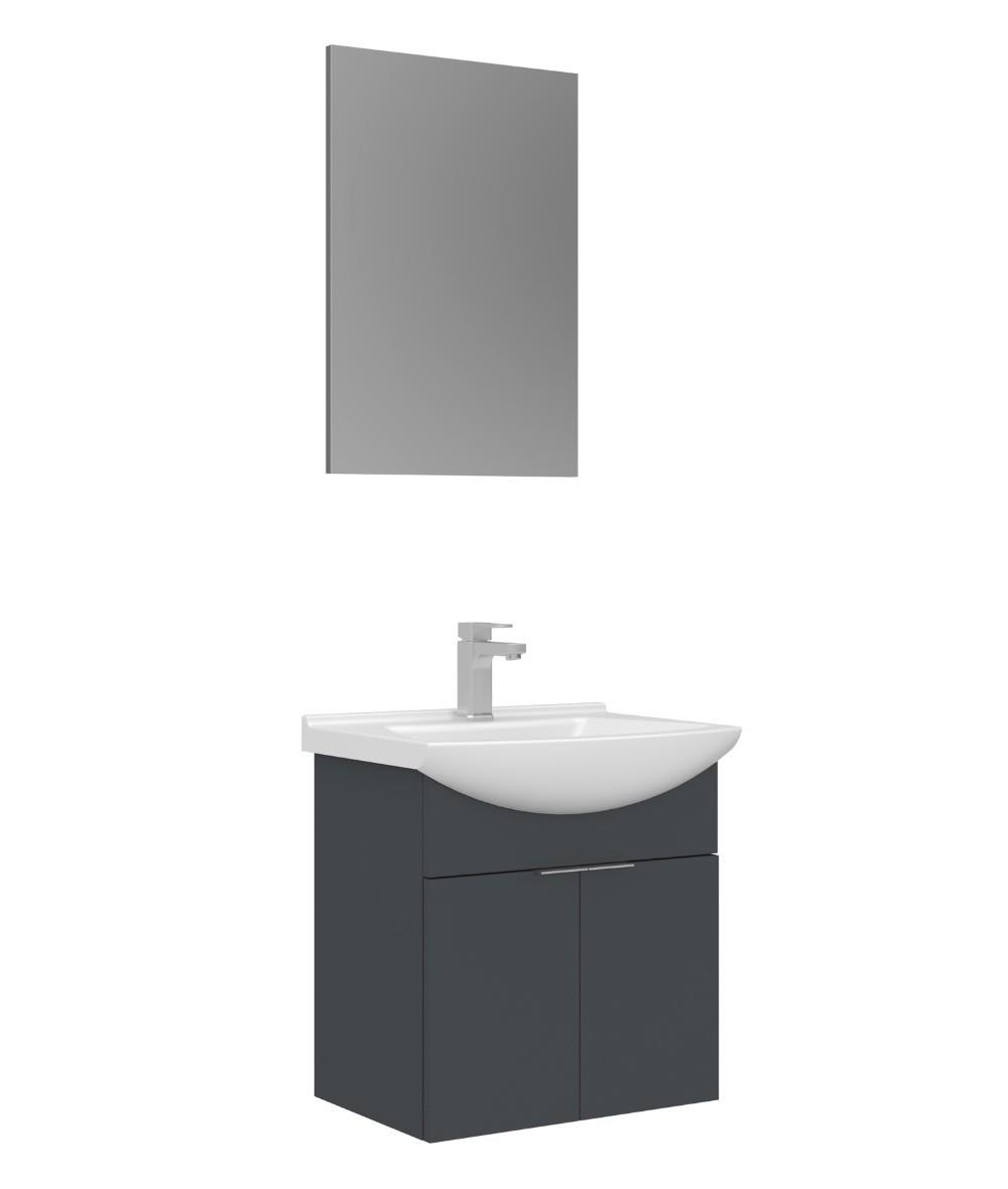 Orka Purus 55cm Asma Banyo Dolabı Set Kapaklı Düz Aynalı Mat Antrasit