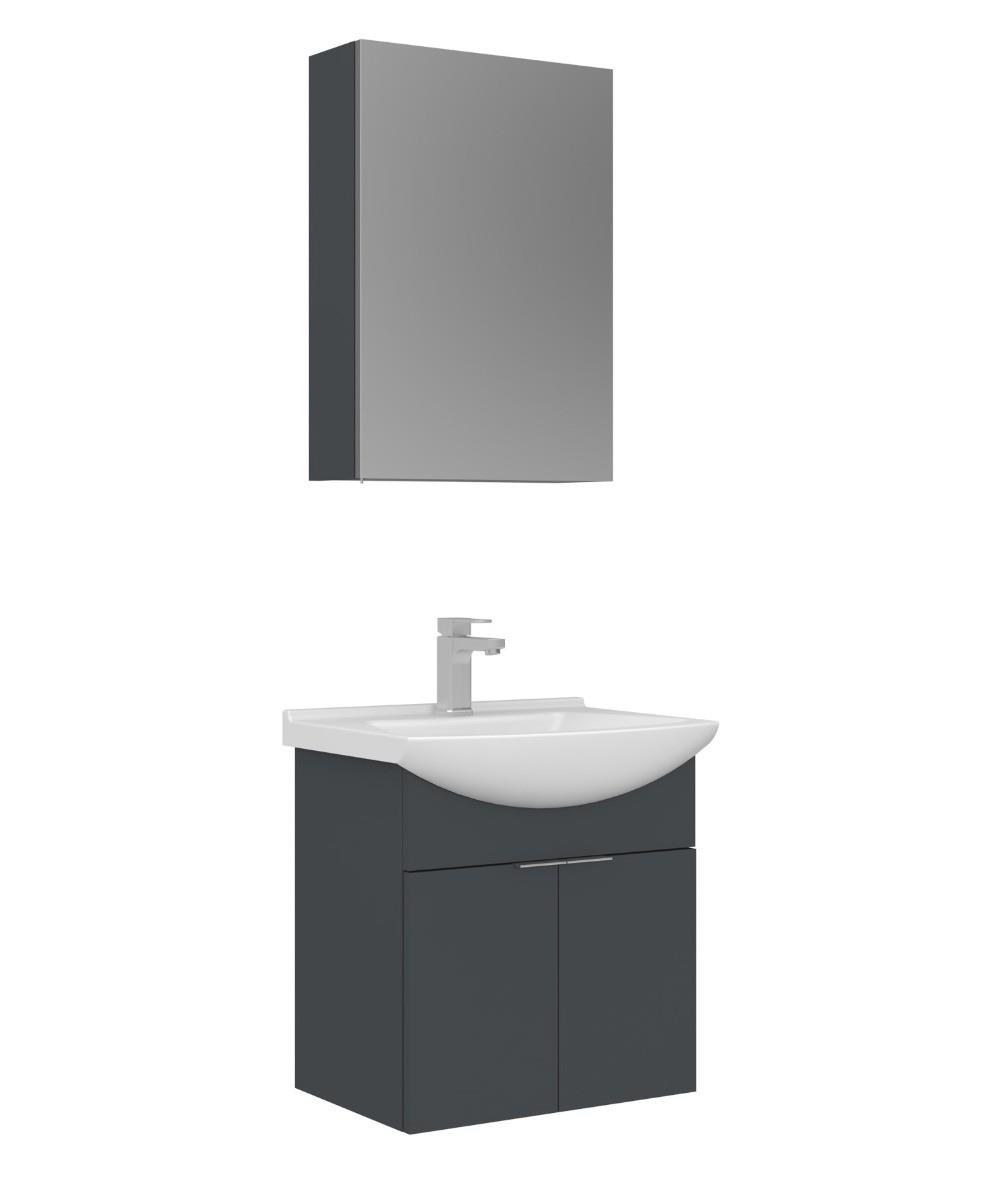 Orka Purus 55cm Asma Banyo Dolabı Set Kapaklı Dolaplı Ayna Mat Antrasit