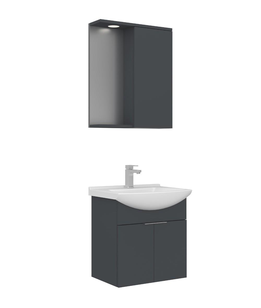 Orka Purus 55cm Asma Banyo Dolabı Set Kapaklı Spot Aynalı Mat Antrasit