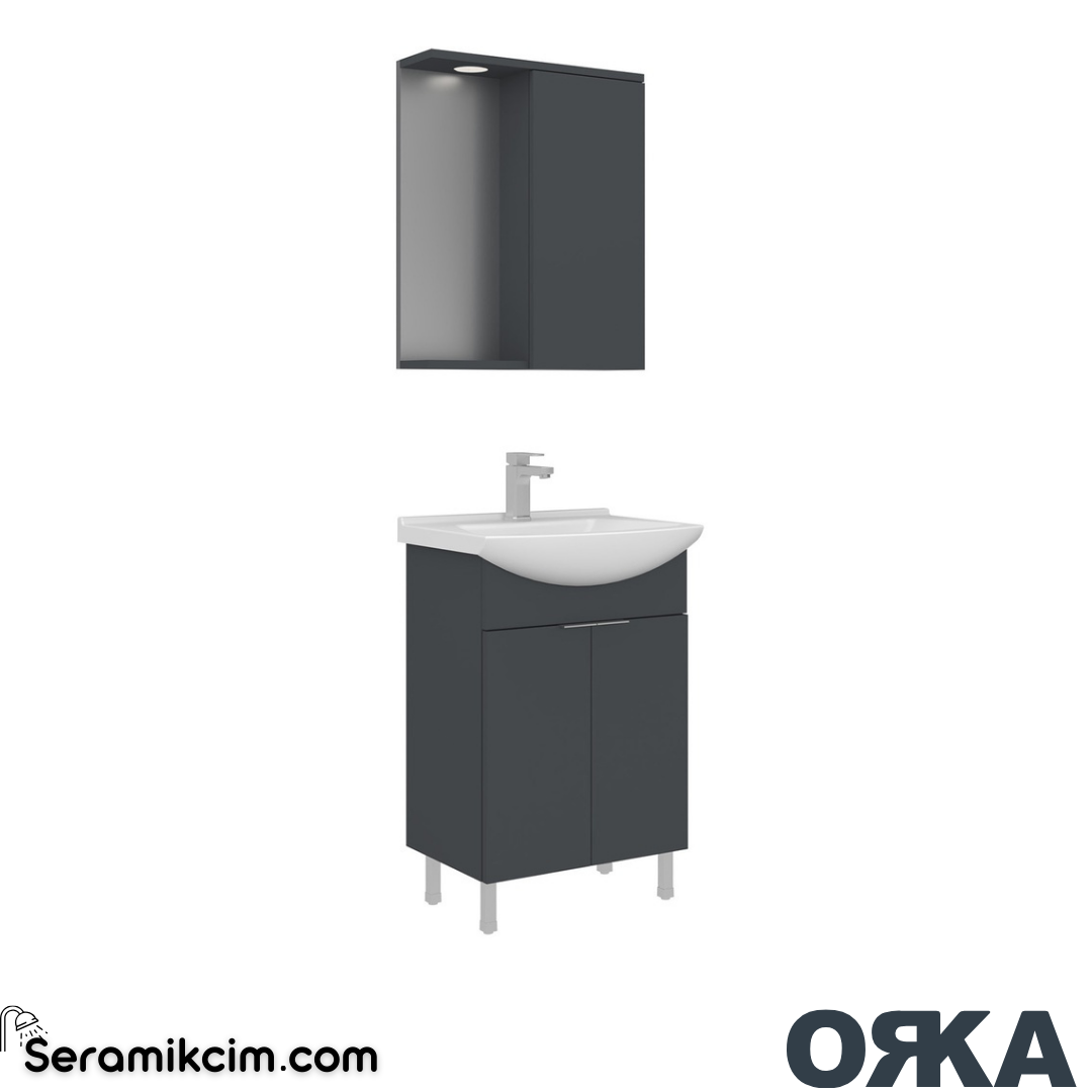 Orka Purus 55cm Ayaklı Banyo Dolabı Set Kapaklı Spot Aynalı Mat Antrasit
