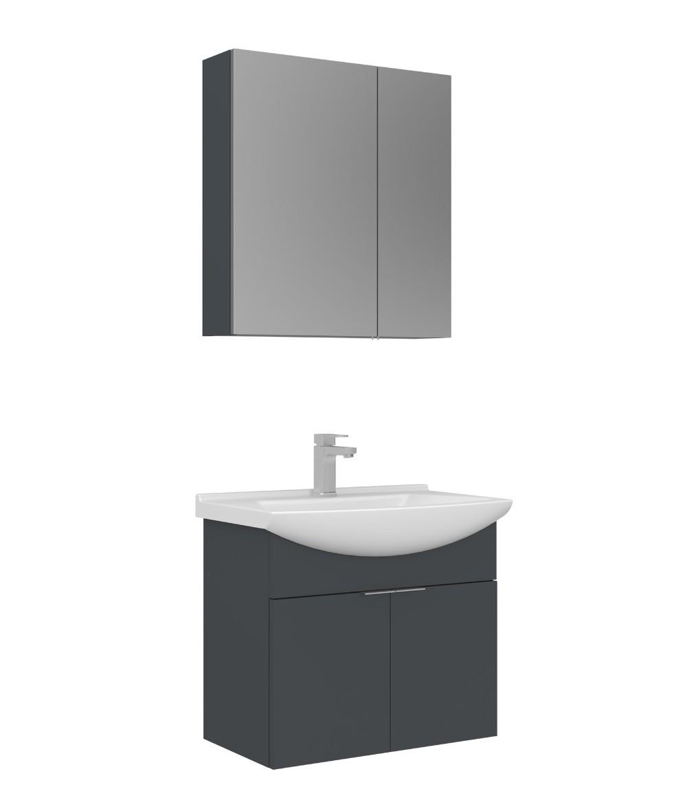 Orka Purus 65cm Asma Banyo Dolabı Set Kapaklı Dolaplı Ayna Mat Antrasit