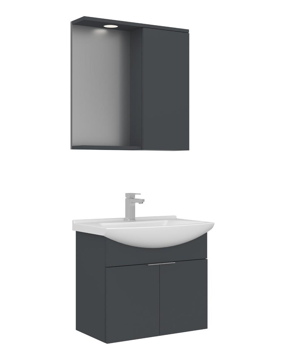Orka Purus 65cm Asma Banyo Dolabı Set Kapaklı Spot Aynalı Mat Antrasit