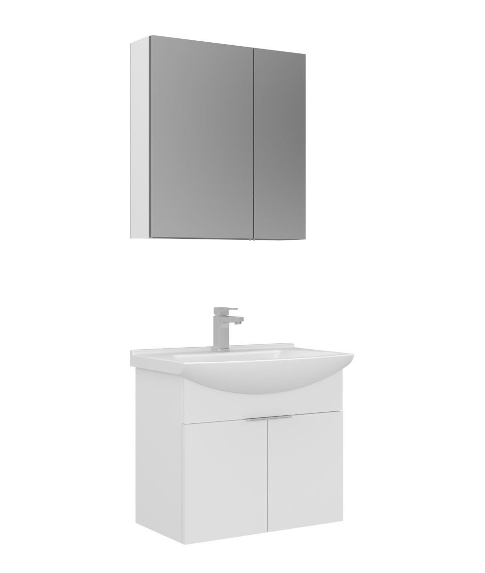 Orka Purus 65cm Asma Banyo Dolabı Set Kapaklı Dolaplı Ayna Parlak Beyaz