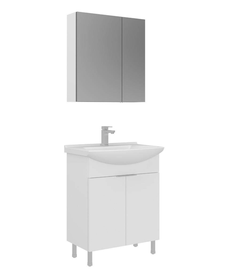 Orka Purus 65cm Ayaklı Banyo Dolabı Set Kapaklı Dolaplı Ayna Parlak Beyaz