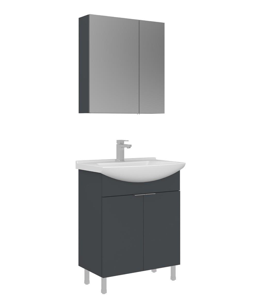 Orka Purus 65cm Ayaklı Banyo Dolabı Set Kapaklı Dolaplı Ayna Mat Antrasit
