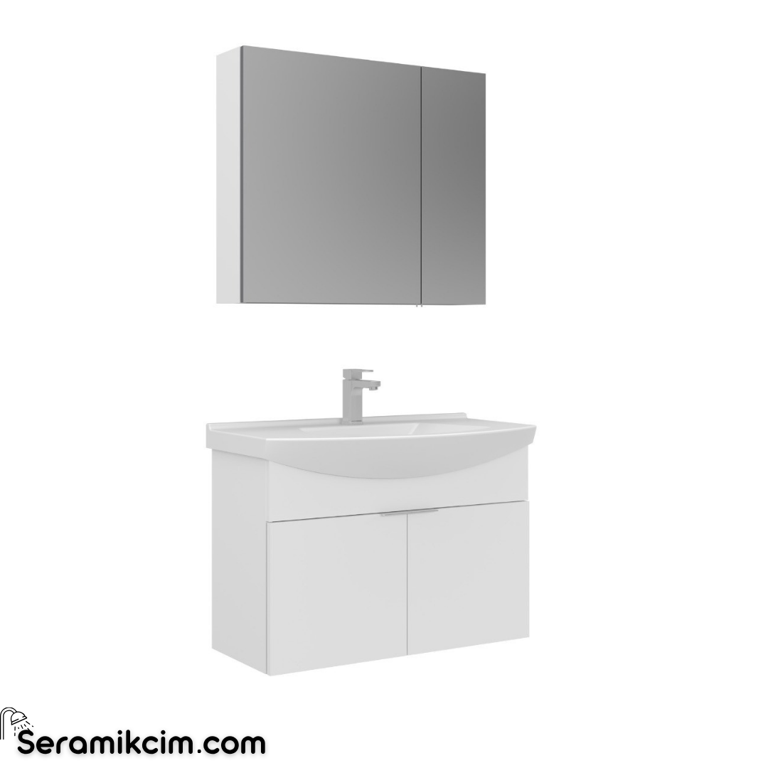 Orka Purus 80cm Asma Banyo Dolabı Set Kapaklı Dolaplı Ayna Parlak Beyaz