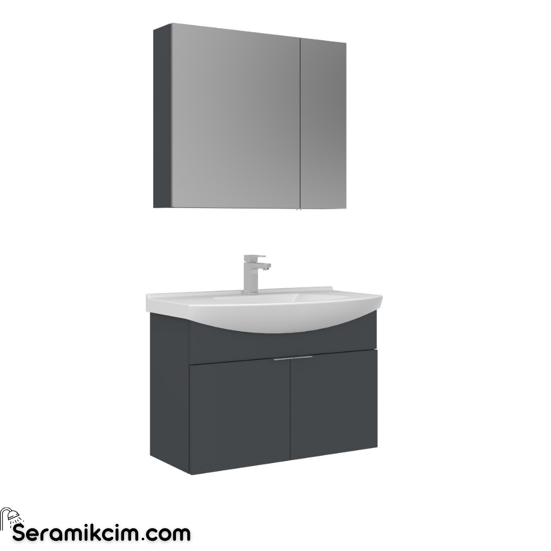 Orka Purus 80cm Asma Banyo Dolabı Set Kapaklı Dolaplı Ayna Mat Antrasit