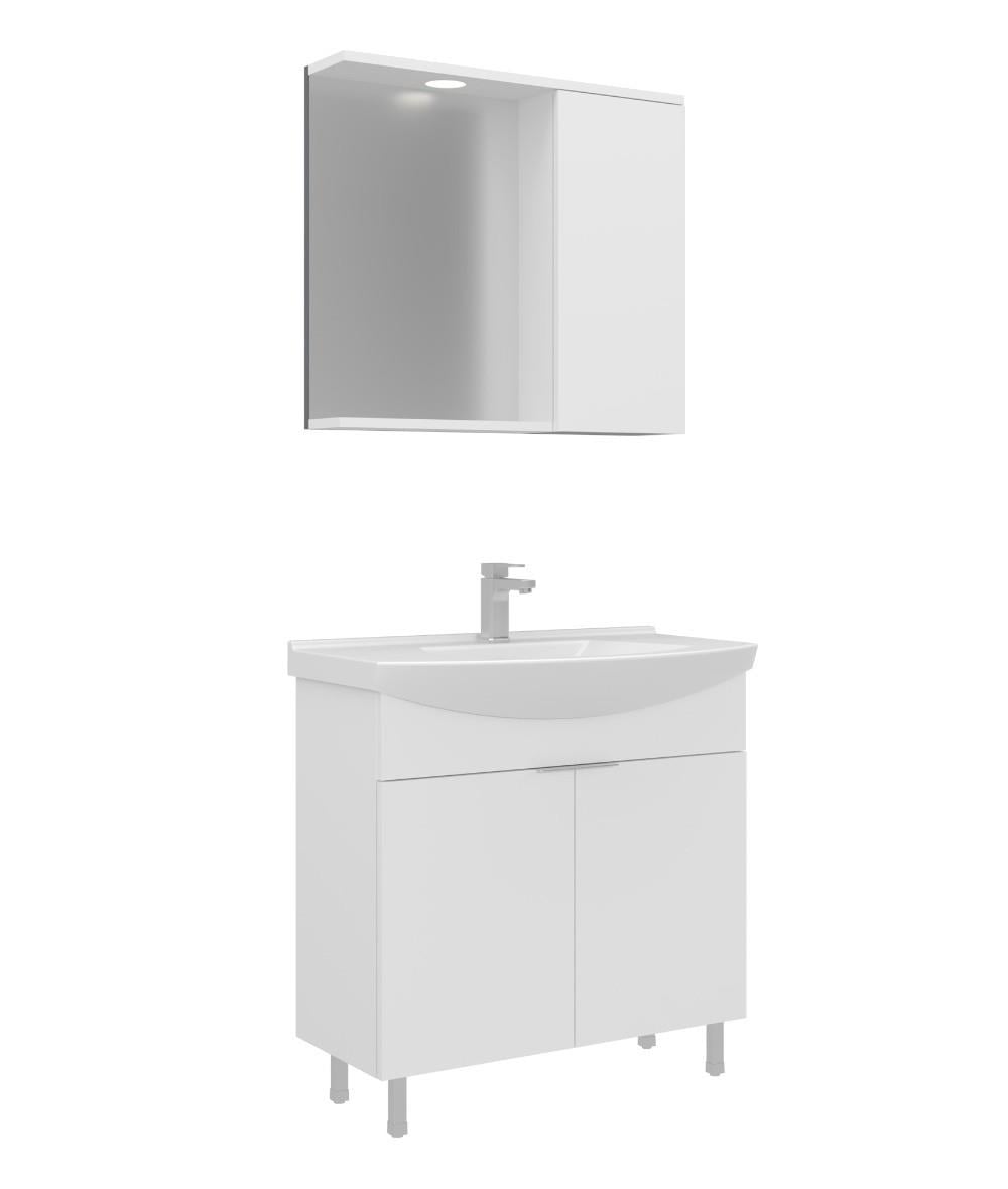 Orka Purus 80cm Ayaklı Banyo Dolabı Set Kapaklı Spot Aynalı Parlak Beyaz