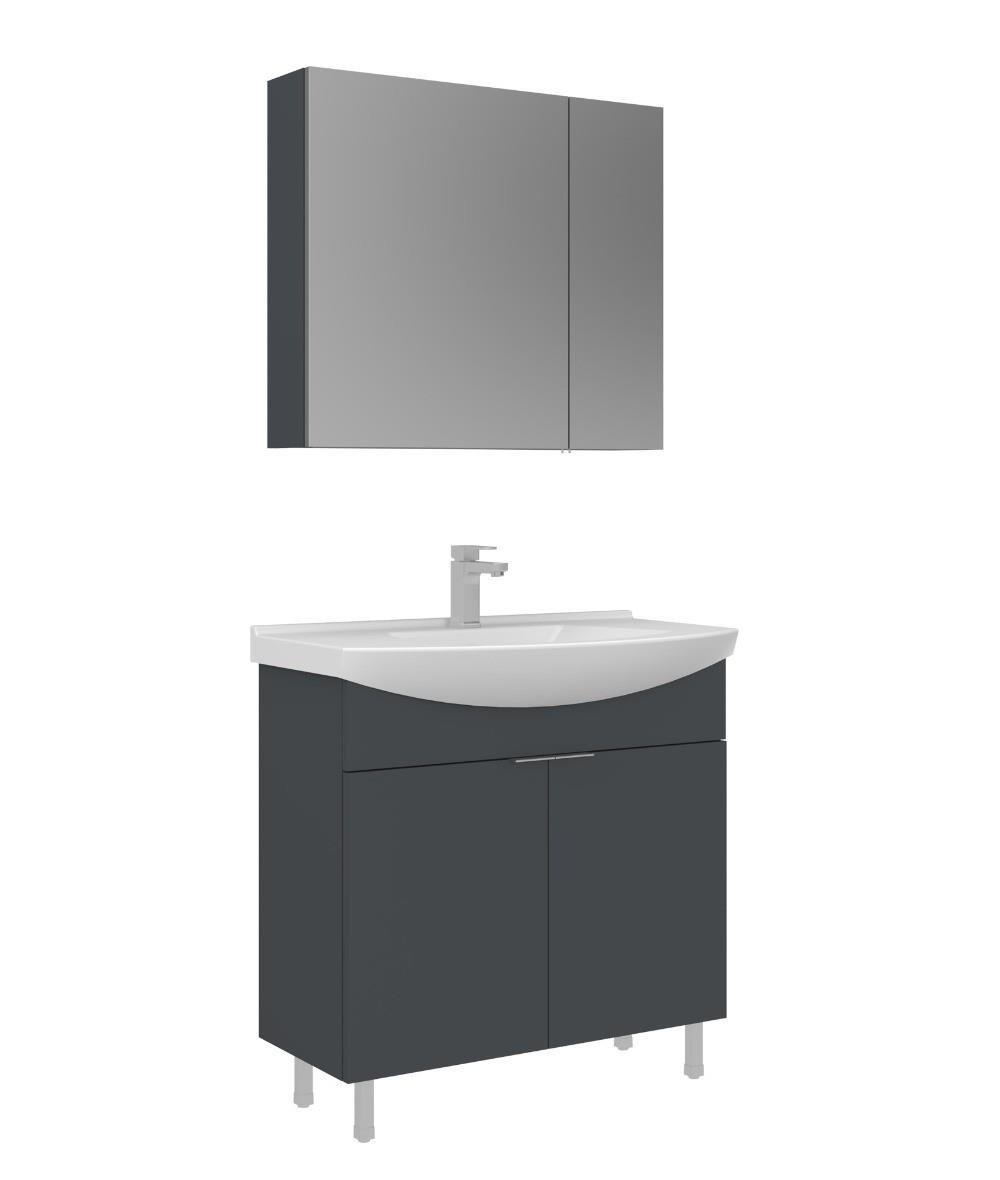 Orka Purus 80cm Ayaklı Banyo Dolabı Set Kapaklı Dolaplı Ayna Mat Antrasit