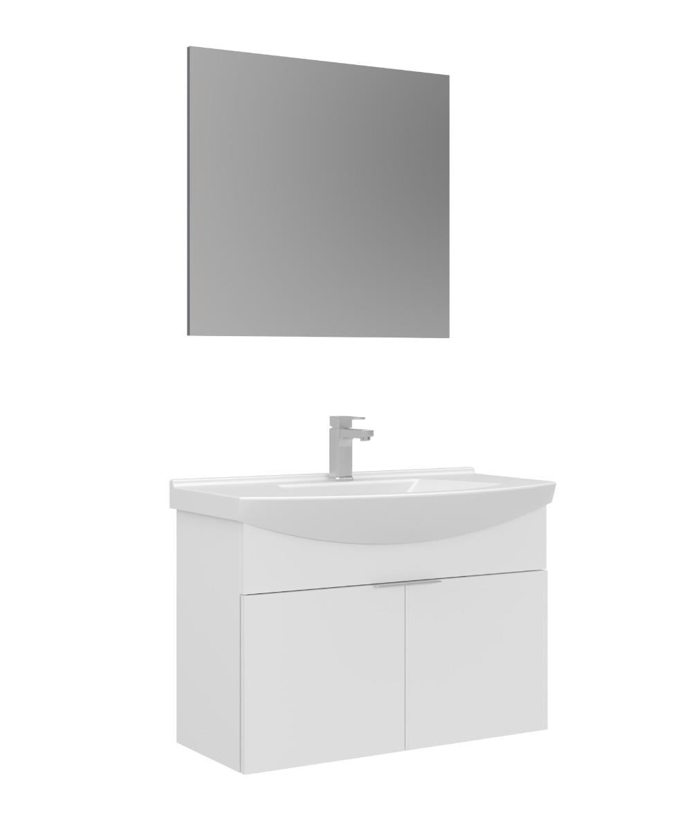 Orka Purus 80cm Ayaklı Banyo Dolabı Set Kapaklı Düz Aynalı Parlak Beyaz