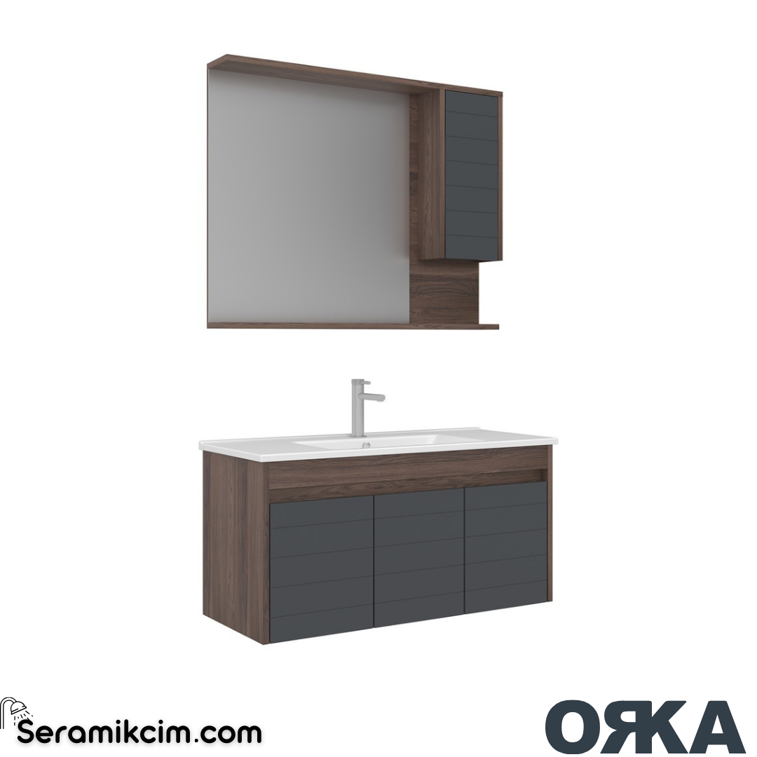 Orka Serra 100cm Asma Banyo Dolabı Set Kapaklı Dolaplı Ayna Navaro / Antrasit