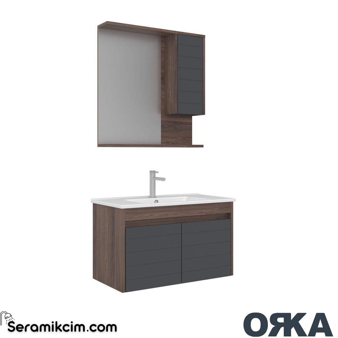 Orka Serra 85cm Asma Banyo Dolabı Set Kapaklı Dolaplı Ayna Navaro / Antrasit