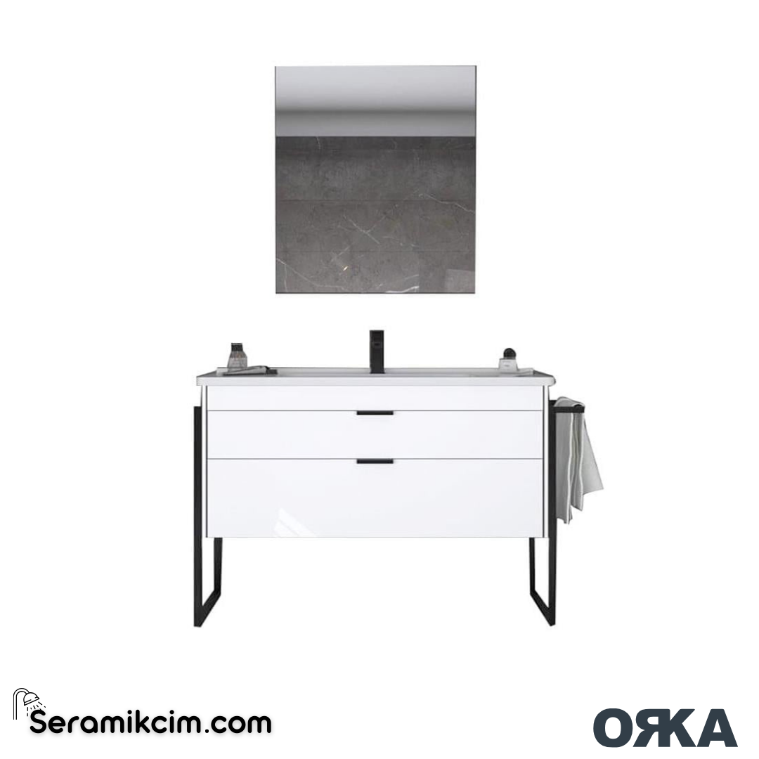 Orka Trio 100cm Ayaklı Banyo Dolabı Set Çekmeceli Havluluklu Beyaz - ORK243.100.03.TKM