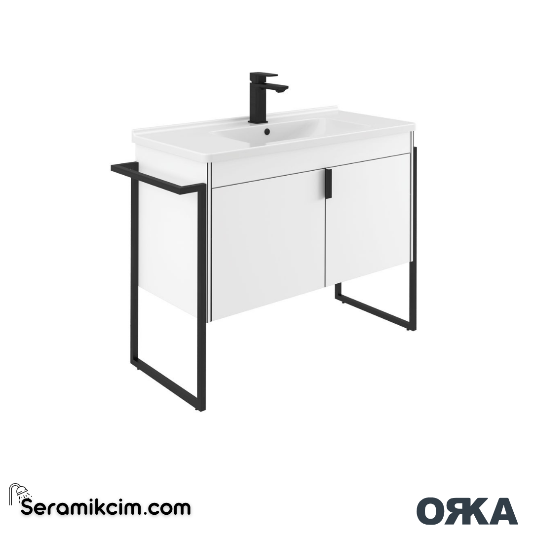 Orka Trio 100cm Ayaklı Banyo Dolabı Set Kapaklı Havluluklu Beyaz - ORK242.100.03.TKM