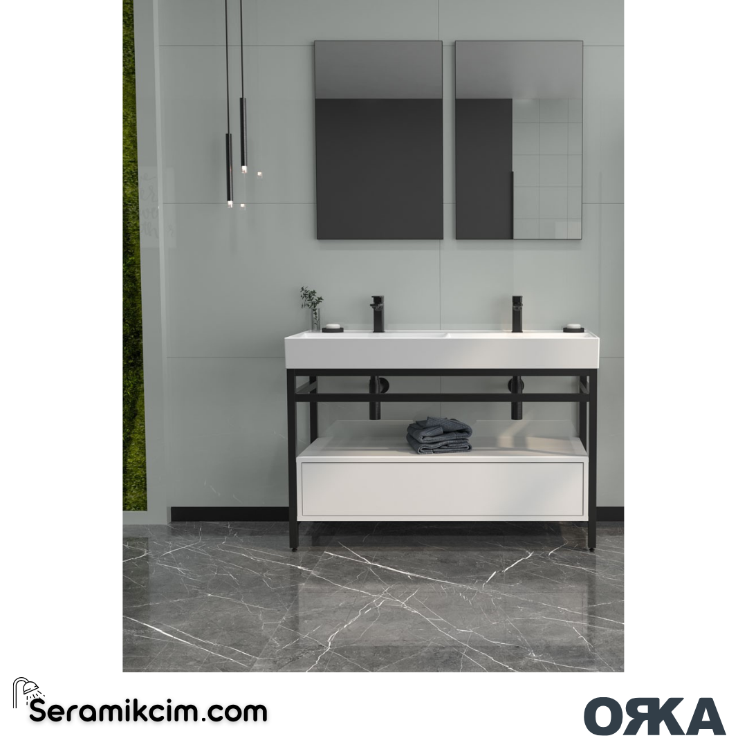 Orka Vegas 120cm Banyo Dolabı Set Beyaz / Siyah Lavabo - ORK271.120.04.TKM