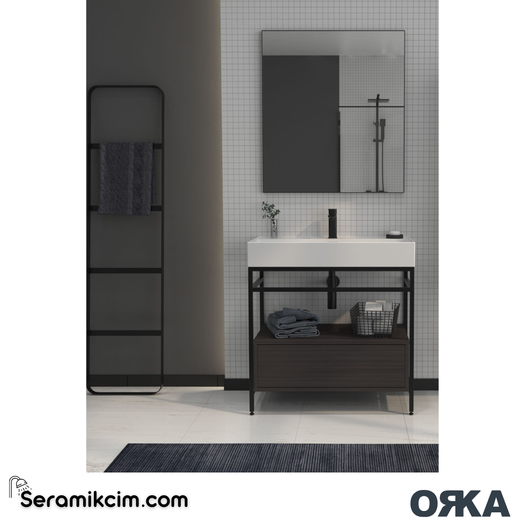 Orka Vegas 80cm Banyo Dolabı Set Beyaz / Siyah Lavabo - ORK271.80.04.TKM