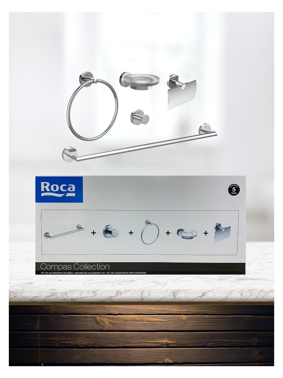 Roca Compas 5 Parçalı Aksesuar Seti : Havluluk, Askı, Halka Havluluk, Sabunluk ve  Kapaklı Tuvalet Kağıtlığı A817560001 - A817560001