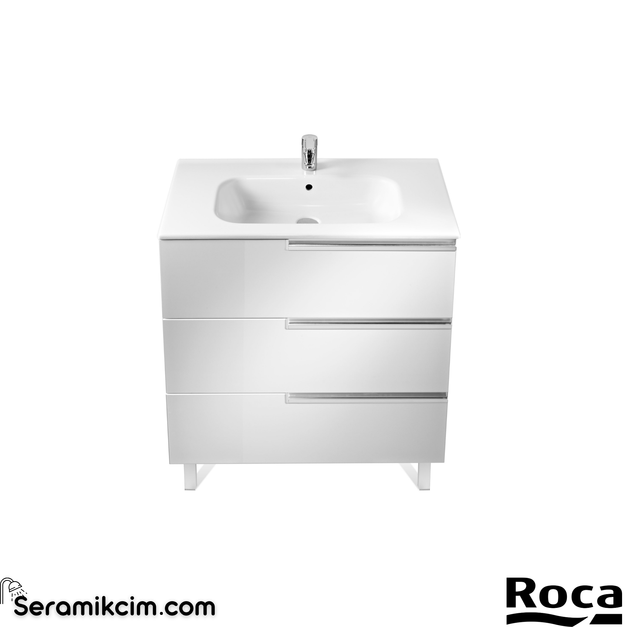 Roca Victoria-N Family Unik Üç  Çekmeceli Banyo Mobilyası, Parlak Beyaz, 900 mm : Alt Ünite ve Lavabo