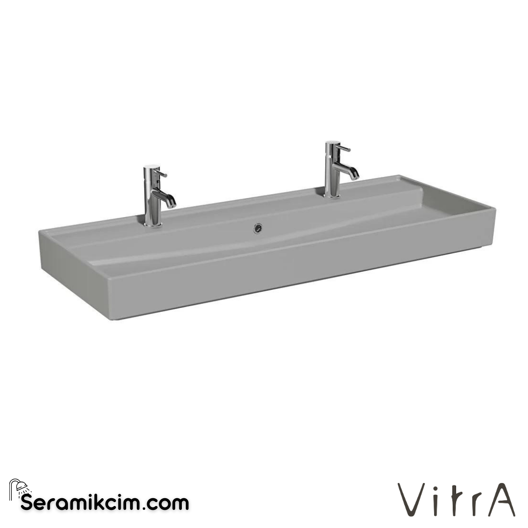 VitrA Archiplan Lavabo 120x46 cm Çift Armatür Delikli, Su Taşma Delikli, Mat Taş Gri - 7418B076-0001