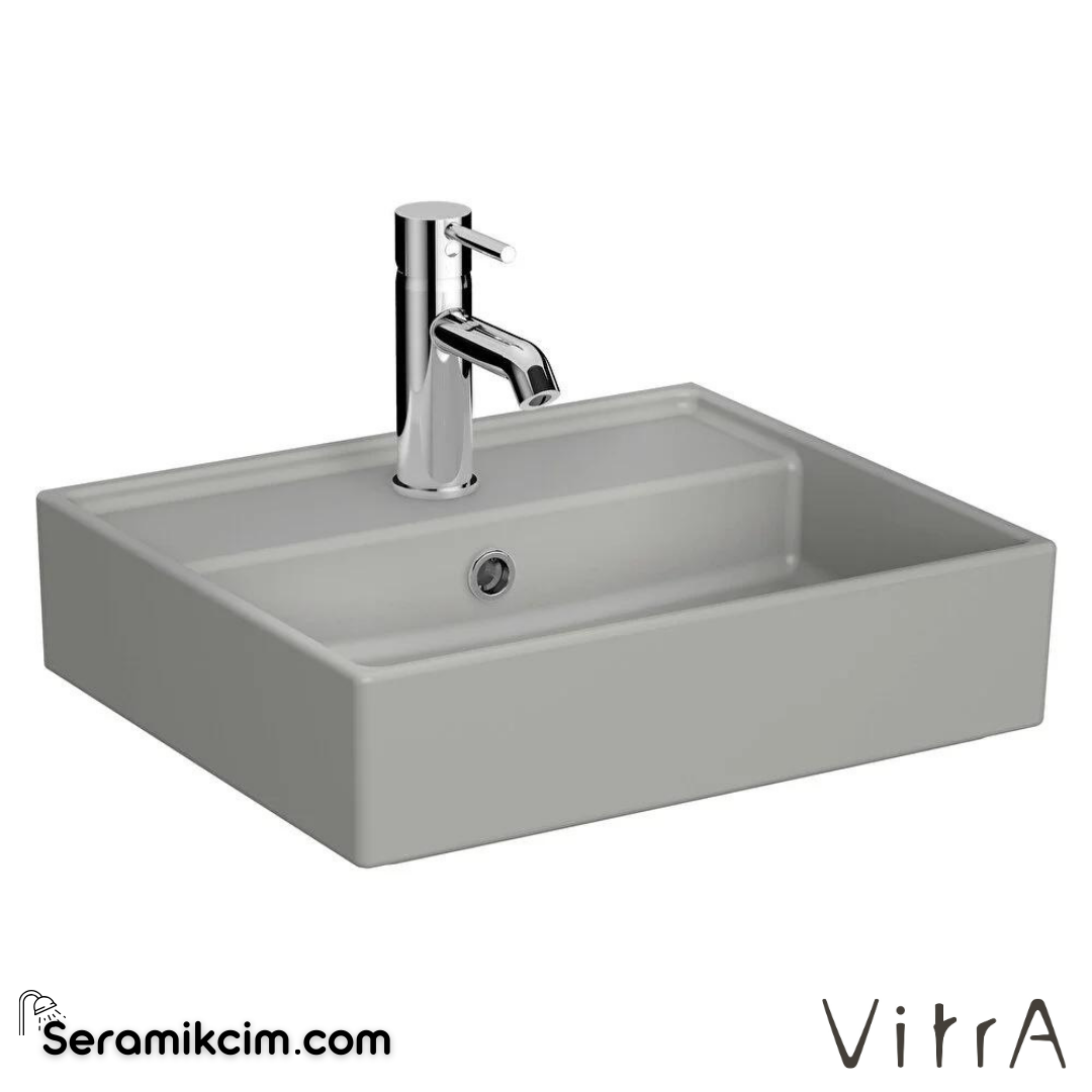 VitrA Archiplan Lavabo Kompakt, 45x38 cm Tek Armatür Delikli, Su Taşma Delikli, Mat Taş Gri - 7400B076-0001