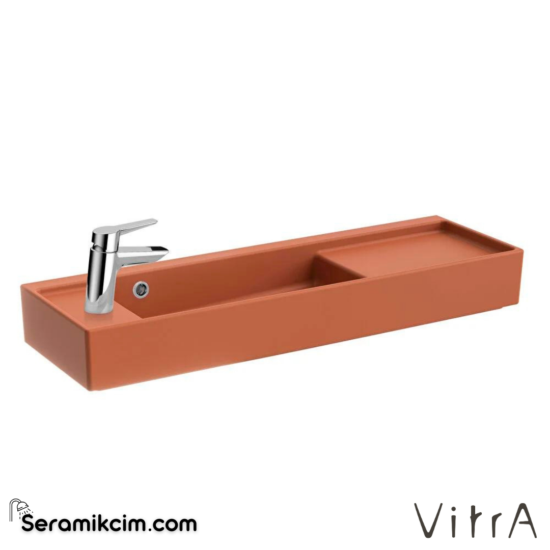 VitrA Archiplan Lavabo Kompakt, 90x28 cm Soldan Tek Armatür Delikli, Su Taşma Delikli, Mat Terra Rosa - 7409B077-0028