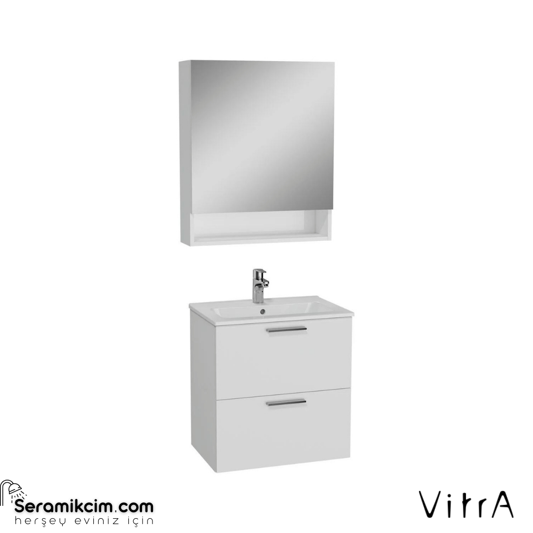 Vitra Banyo Dolabı Seti, Çekmeceli, Raflı Dolaplı Ayna 60 Cm,Parlak Beyaz 66049