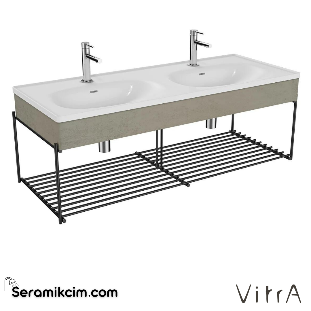Vitra Equal Lavabo Ünitesi, 130 Cm, Çift Hazneli Lavabolu, Raflı, Beton - 66045